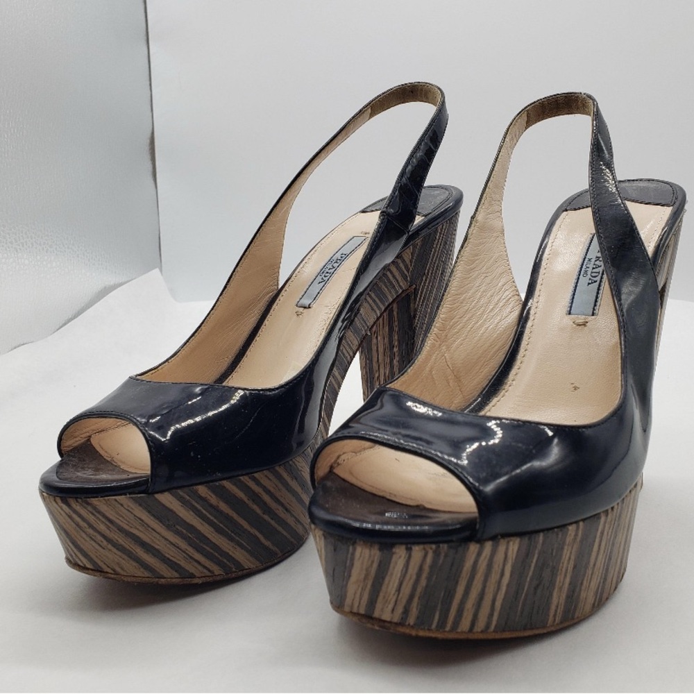 Prada Black and Brown Patent Leather Heels with Leather Sole